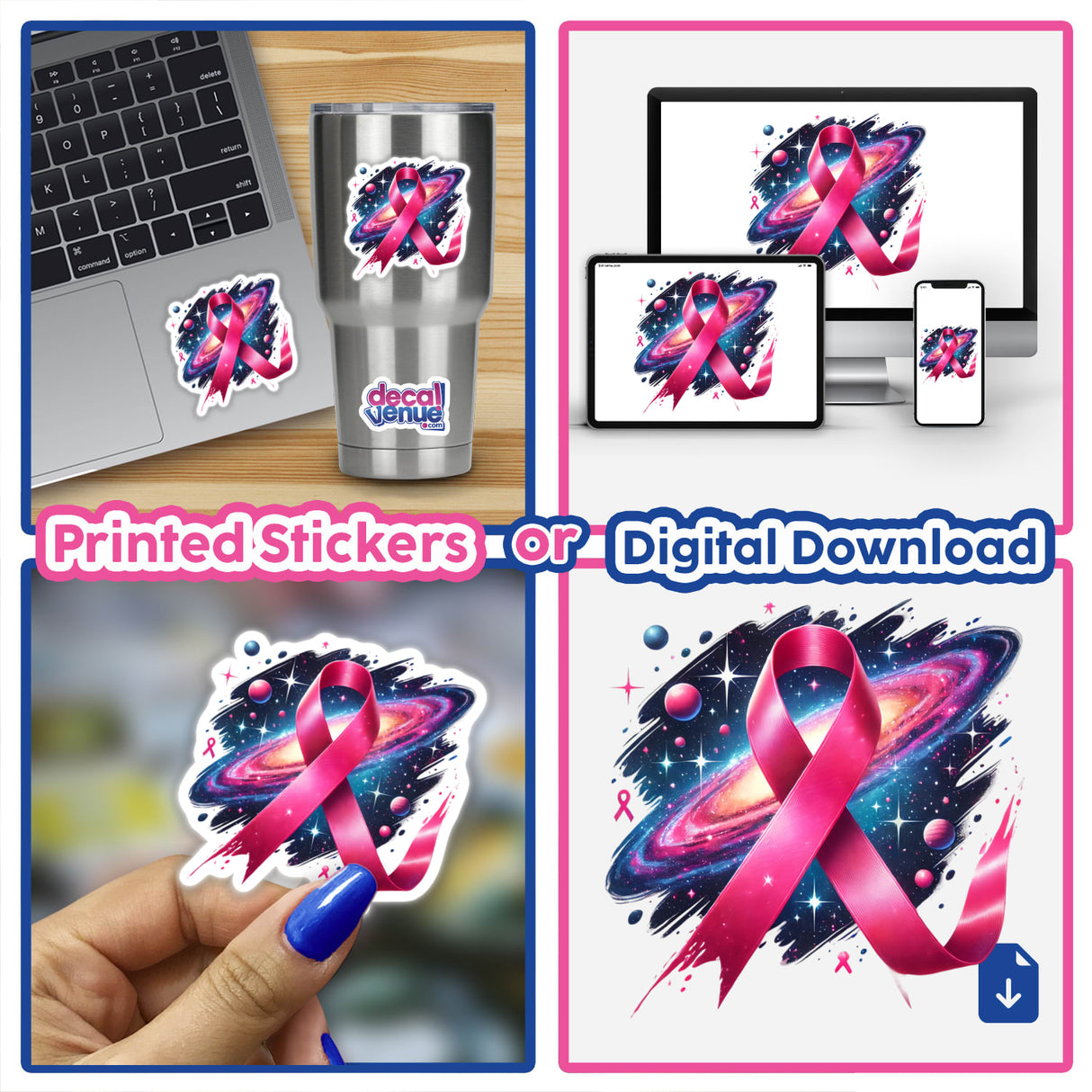 Collage of pink ribbons and galaxy-themed designs for Pink Ribbon and Galaxy Breast Cancer Awareness available as unique stickers or digital artwork.