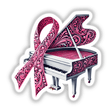 Grand Piano Pink Ribbon Breast Cancer: A pink ribbon draped over piano keys, available as stickers or digital artwork.