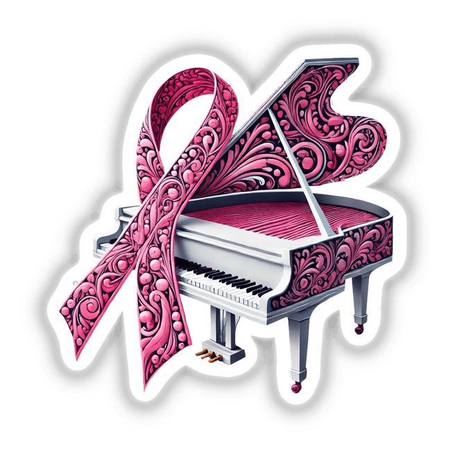 Grand Piano Pink Ribbon Breast Cancer: A pink ribbon draped over piano keys, available as stickers or digital artwork.