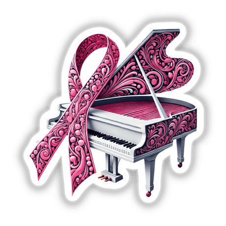 Grand Piano Pink Ribbon Breast Cancer: A pink ribbon draped over piano keys, available as stickers or digital artwork.