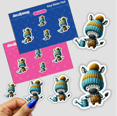 Zebra Gnome with Watering Can - Colorful digital artwork stickers featuring a whimsical zebra-patterned gnome character holding a watering can, presented in a Vinyl Sticker Pack by DecalVenue.