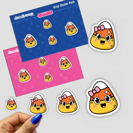 Kawaii Candy Corn Sticker – Adorable Halloween Treat featuring cartoon candy corns with pink bows, displayed on a sticker pack from Decal Venue, known for unique stickers and digital art.