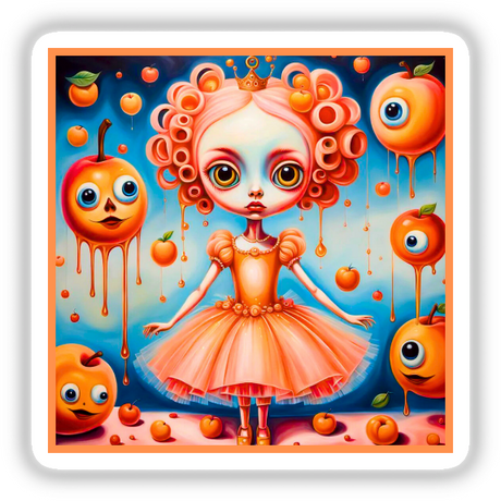 Bratty Princess Doll of Oranges: A whimsical cartoon of a girl in a vibrant dress with orange hair, accompanied by a playful apple character. Available as unique stickers or digital artwork.