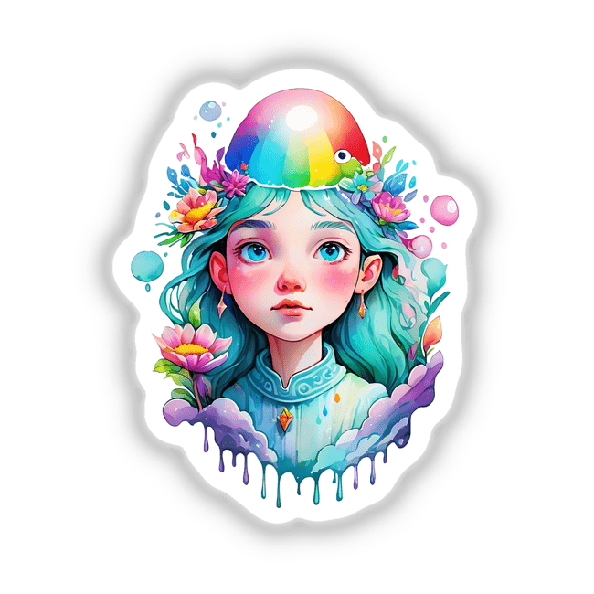 Sticker Design: Dreamy Magical Portrait of a Woman featuring a cartoon girl with rainbow hair and flowers. Available as stickers or digital artwork.