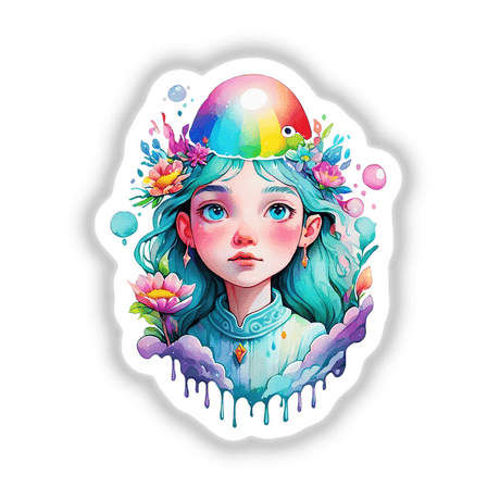 Sticker Design: Dreamy Magical Portrait of a Woman featuring a cartoon girl with rainbow hair and flowers. Available as stickers or digital artwork.