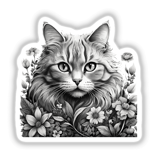 Beautiful Cat Portrait Floral PA06 featuring a black and white cat surrounded by flowers and leaves, available as stickers or digital artwork.