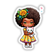 Afro Girl Holding White Kitten: Cute Cartoon Sticker featuring a cartoon girl with a flower in her hair, affectionately holding a white kitten. Available as stickers or digital artwork.