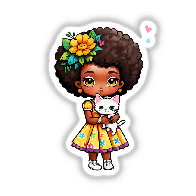 Afro Girl Holding White Kitten: Cute Cartoon Sticker featuring a cartoon girl with a flower in her hair, affectionately holding a white kitten. Available as stickers or digital artwork.