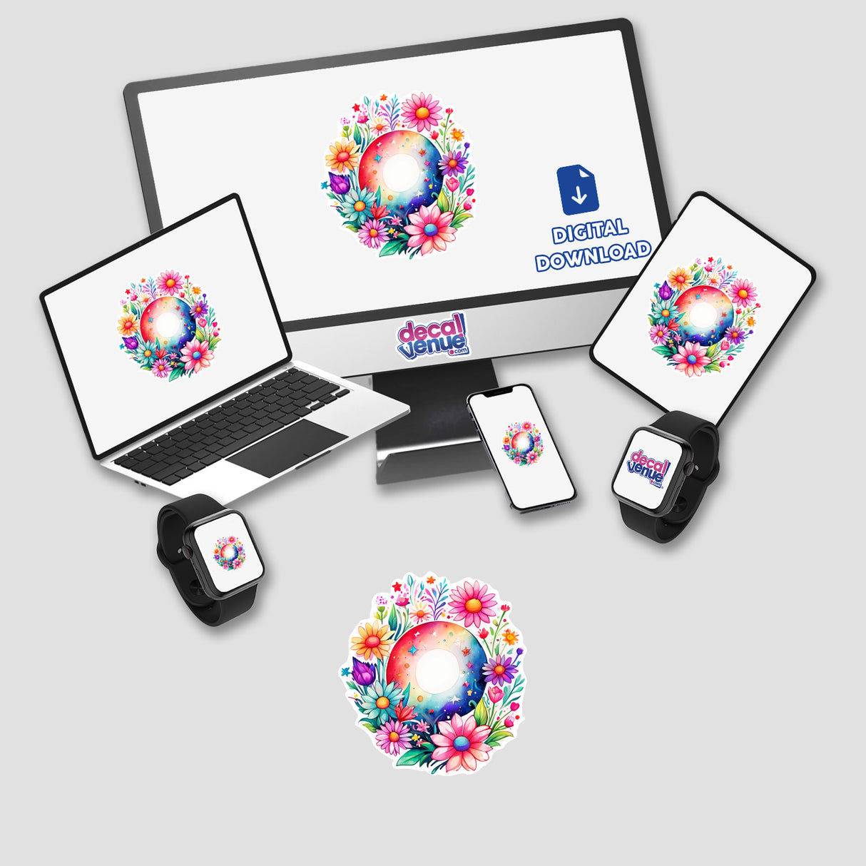 Vibrant Cosmic Floral Portal Sticker featuring whimsical celestial botanical design, displayed on a computer monitor and laptop screen, highlighting its unique and artistic appeal.