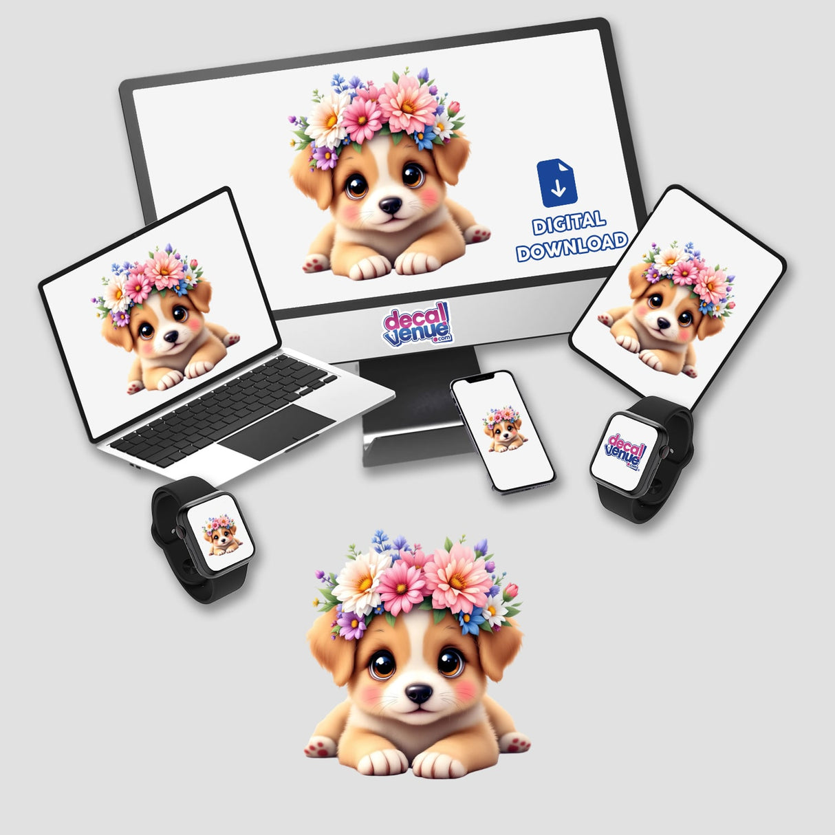 Playful Puppy with a Springtime Flower Crown graphic displayed on a monitor and laptop, featuring a cartoon dog with a flower crown, available as stickers or digital artwork.