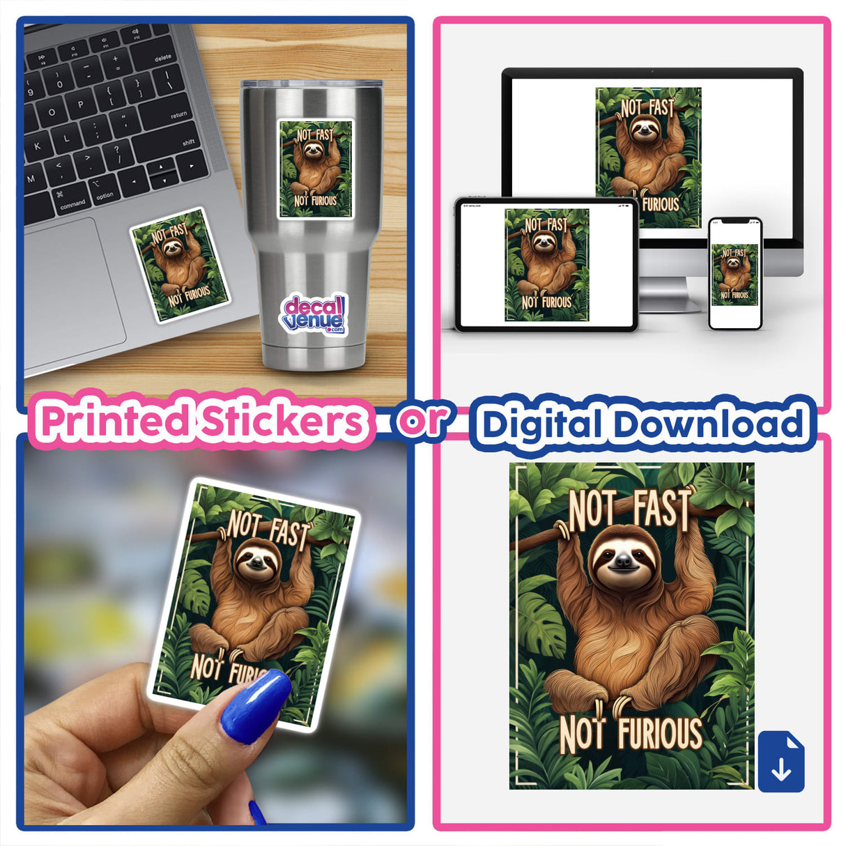 Collage showcasing the Playful Sloth 'Not Fast, Not Furious' Quote Amidst Tropical Foliage available as stickers or digital artwork, highlighting a laptop and card featuring a sloth design.