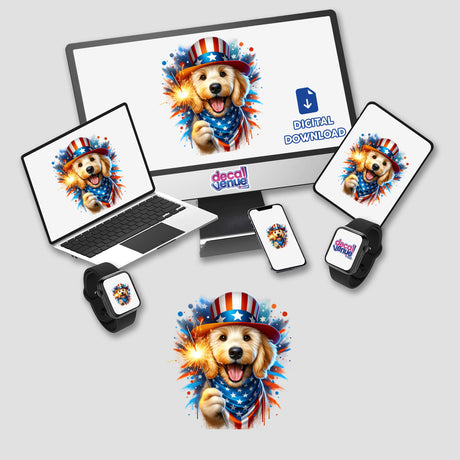 Goldendoodle Dog Holding Sparkler 4th of July Patriotic