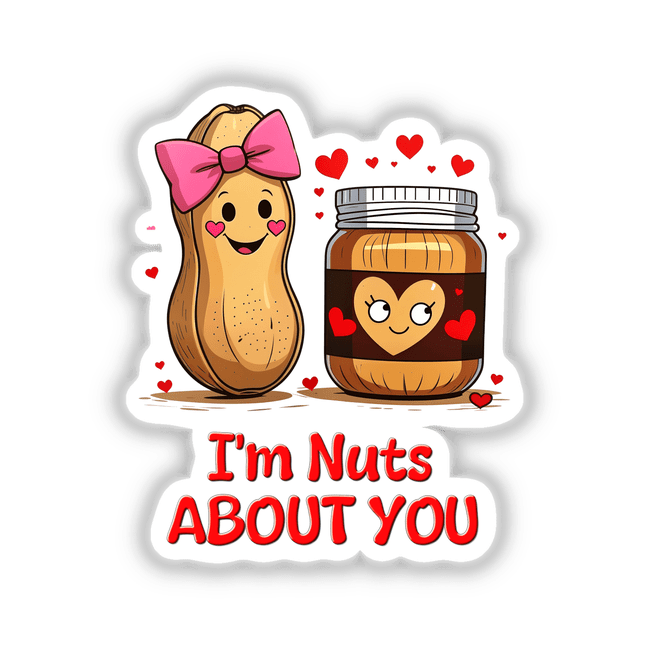 Cartoon of a smiling peanut and jar, titled I'm Nuts About You, available as unique stickers or digital artwork.