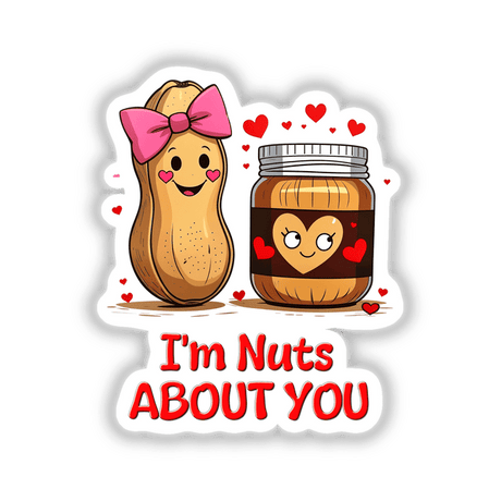 Cartoon of a smiling peanut and jar, titled I'm Nuts About You, available as unique stickers or digital artwork.