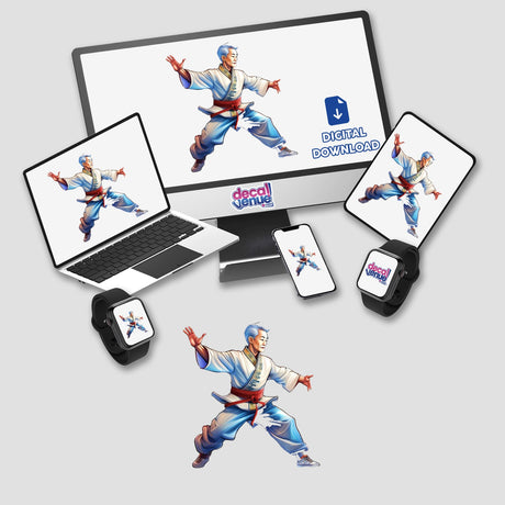 Colorful digital artwork of a person practicing Tai Chi martial arts, displayed across various devices including a laptop, smartphone, and smartwatch. The artwork features a stylized character in a blue and red outfit performing Tai Chi poses. The Decal Venue logo is prominently displayed, indicating this is a digital product available for download from their store.