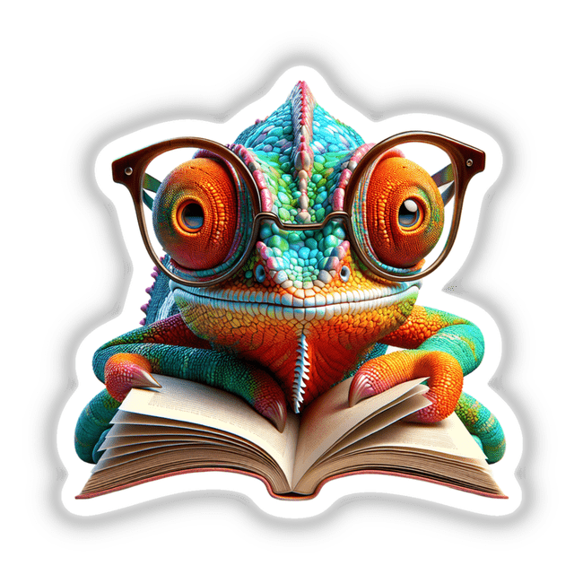 Chameleon With Reading Glasses Open Book design, featuring a whimsical chameleon wearing glasses and reading, ideal for stickers or digital art enthusiasts at Decal Venue.