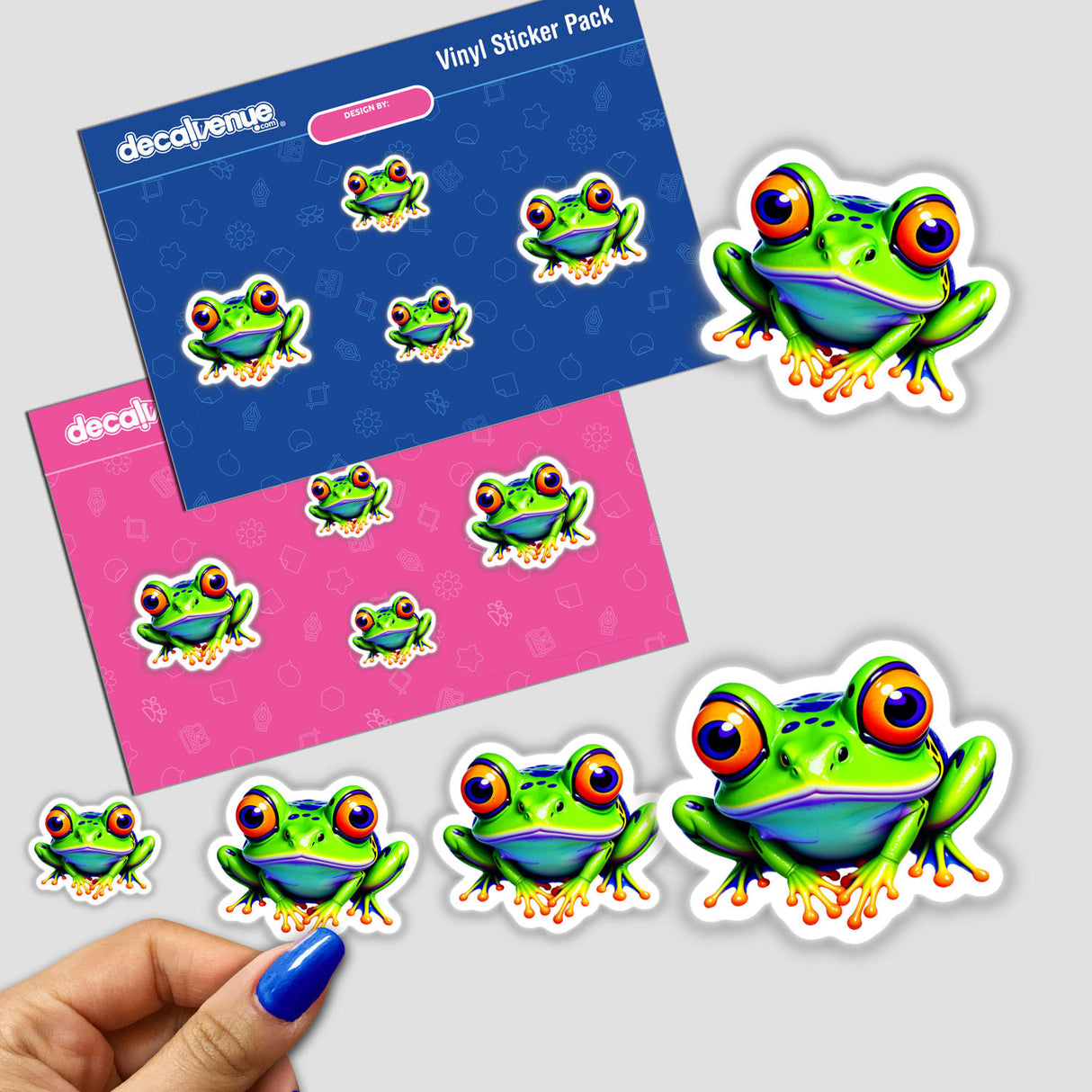 Sticker pack titled A Colorful Jungle Frog featuring vibrant cartoon frogs with distinct orange eyes and playful expressions, available as both physical stickers and digital artwork.