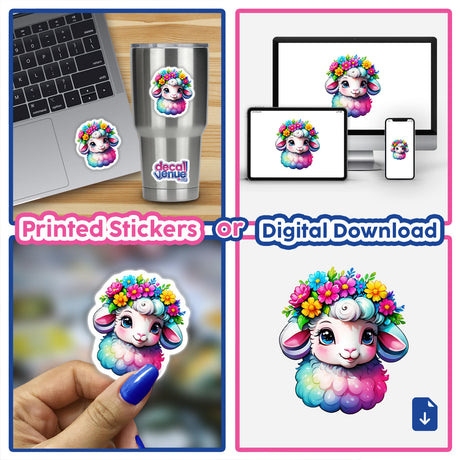 Floral Crown Sheep: Rainbow Colors Sticker – A vibrant collage featuring a cartoon sheep adorned with flowers, available as a sticker or digital artwork.