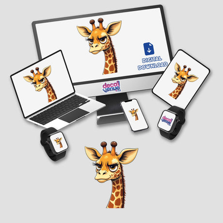 Grumpy Giraffe with Long Eyelashes displayed on a laptop, tablet, smartphone, and smartwatch screens, available as stickers or digital artwork from Decal Venue.