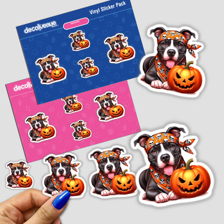 Halloween Hippie Skull Pitbull Dog - Colorful stickers featuring an adorable pit bull dog in Halloween-themed attire including a pumpkin, flower crown, and bandana.