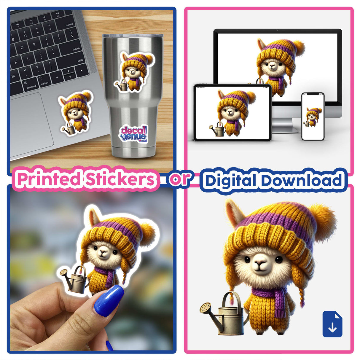 Adorable alpaca gnome holding watering can, digital artwork available as printed stickers or downloadable files from DecalVenue's online store.