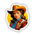 Illustration titled A Cute American Cowgirl showing a woman with a cowboy hat and blue earrings, available as stickers or digital artwork from Decal Venue.