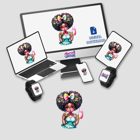 Pin-Up Sweetheart: Cute Afro Doll with Pink Bow Sipping a Slurpie displayed on a computer monitor and laptop, available as stickers or digital artwork.