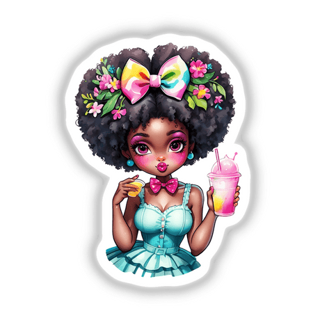 Pin-Up Sweetheart: Cute Afro Doll with Pink Bow Sipping a Slurpie, available as stickers or digital artwork, depicts a cartoon girl with flowers in her hair holding a drink.