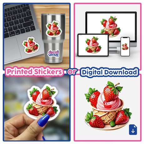 Strawberry ice cream dessert stickers for digital download and printed products from Decal Venue, featuring vibrant images of creamy strawberry-topped scoops on a variety of devices and surfaces.