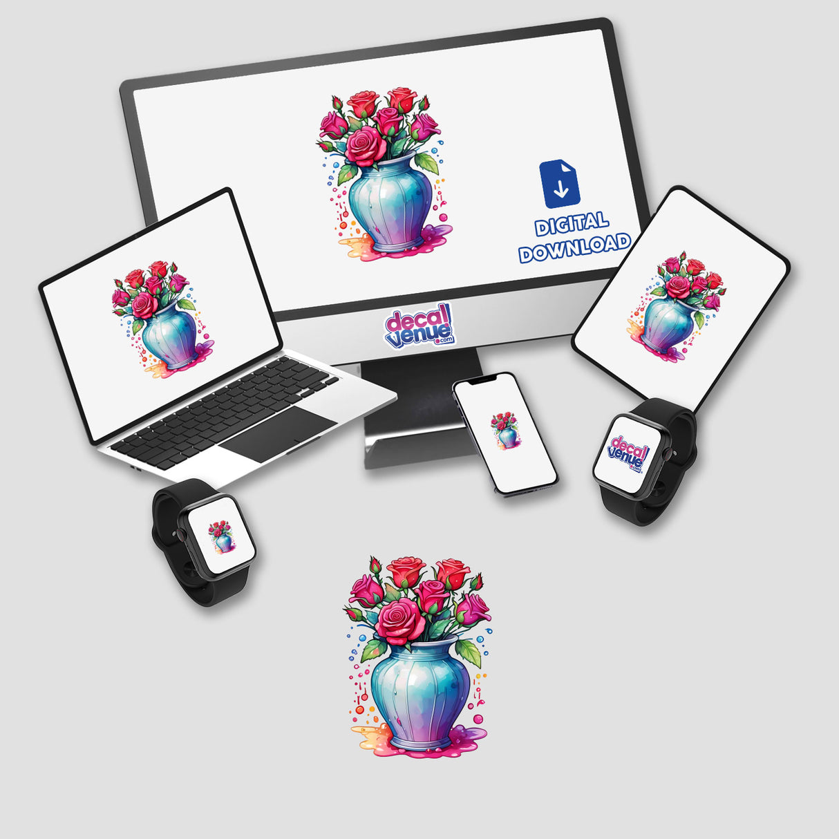 Crimson Roses: Floral Splash Vase Sticker displayed on a computer monitor and laptop screen, showcasing vibrant flowers in a vase, perfect for digital art enthusiasts and sticker collectors.