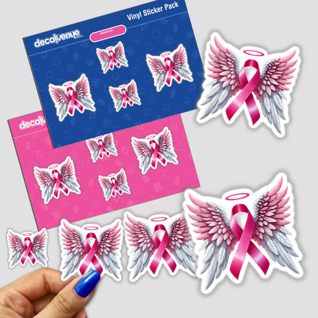 Pink Ribbon and Wings Breast Cancer Awareness stickers, featuring pink ribbons with wings and halos, available in a pink package.