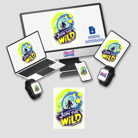 Join The Wild With Bigfoot sticker or digital artwork features a cartoon Bigfoot alongside various tech devices, highlighting its playful and unique design, perfect for tech enthusiasts and collectors.