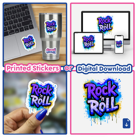 Rock 'n Roll Graffiti Art collage featuring a vibrant logo, showcased as stickers and digital artwork, perfect for laptops and personal items, highlighting Decal Venue's unique sticker artistry.