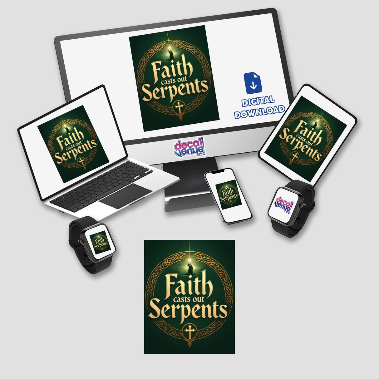 Faith Casts Out Serpents - Christian St. Patrick’s Day Sticker or Clipart featuring a computer, laptop, phone, and smartwatch displaying logos, emphasizing digital artwork available with commercial rights.