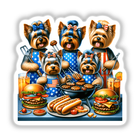 Patriotic Yorkie dogs enjoying a lively BBQ party with grilled burgers, hot dogs, and festive decor in the background.