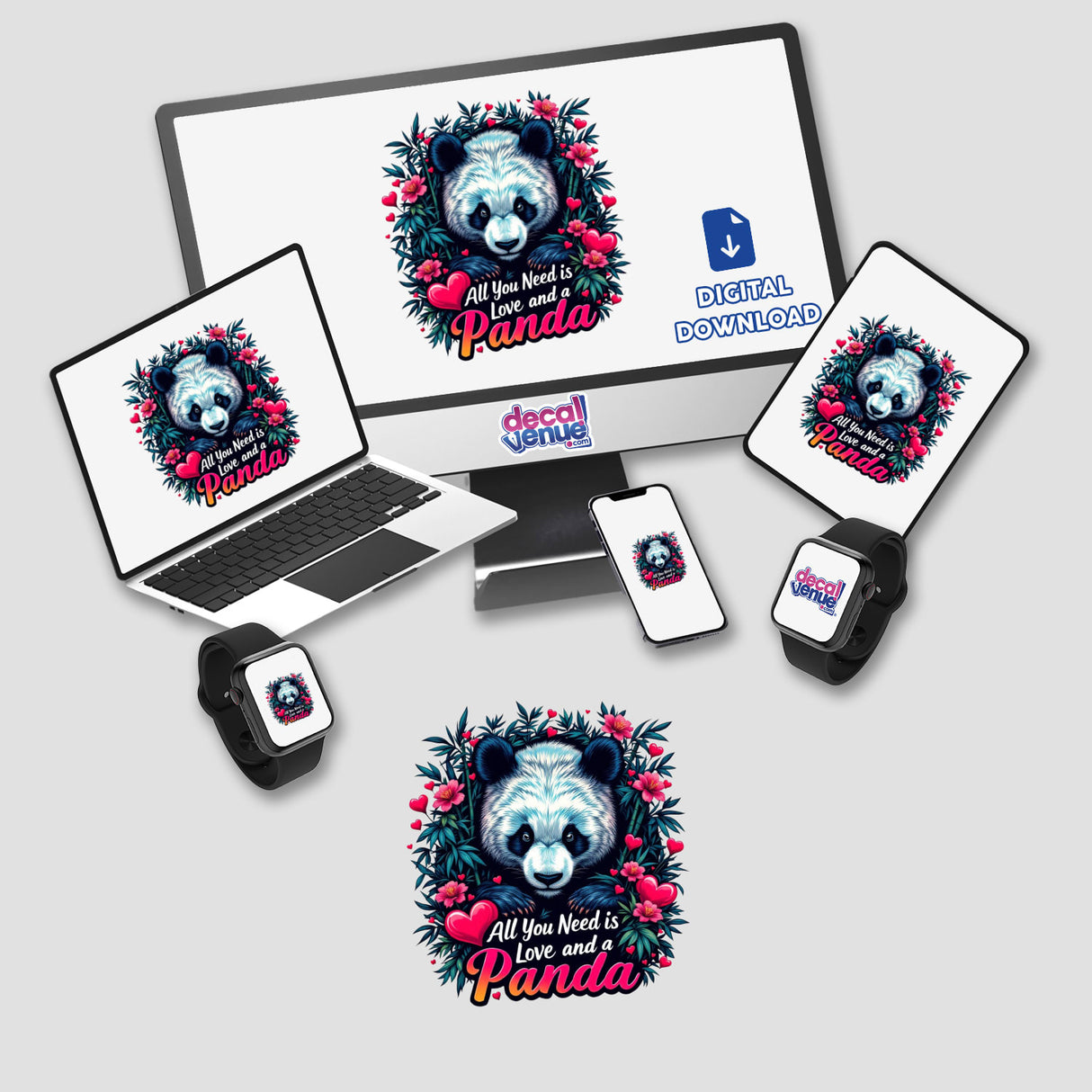 Panda Love design featuring a panda with flowers on a computer monitor and laptop, available as stickers or digital artwork from Decal Venue.