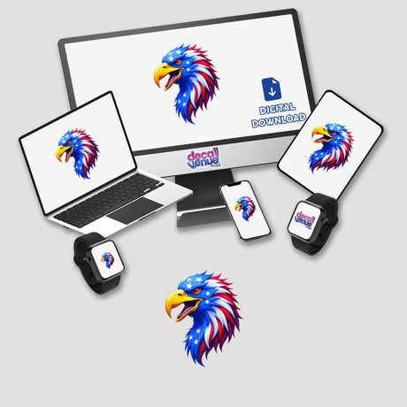 A Cool American Flag Eagle design displayed on a computer monitor and laptop, available as stickers or digital artwork.