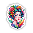 Rainbow Flower Splash Portrait Sticker Design: Vibrant Floral Art featuring a woman with colorful hair adorned with flowers, perfect for unique stickers or digital artworks from Decal Venue.