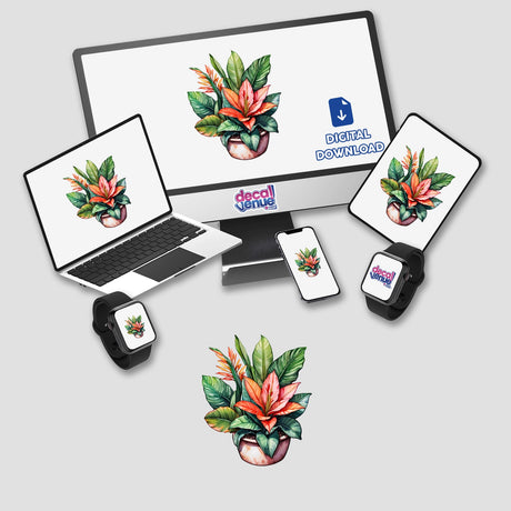 Lush Sansevieria Flower Sticker | Subtropical and Tropical Plant Watercolor displayed on a computer monitor and laptop screen with flowers.