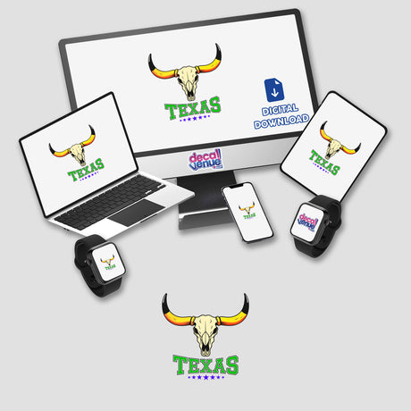 Texas USA Skull Design featuring a cow skull on screens, available as vinyl stickers or digital artwork from Decal Venue.