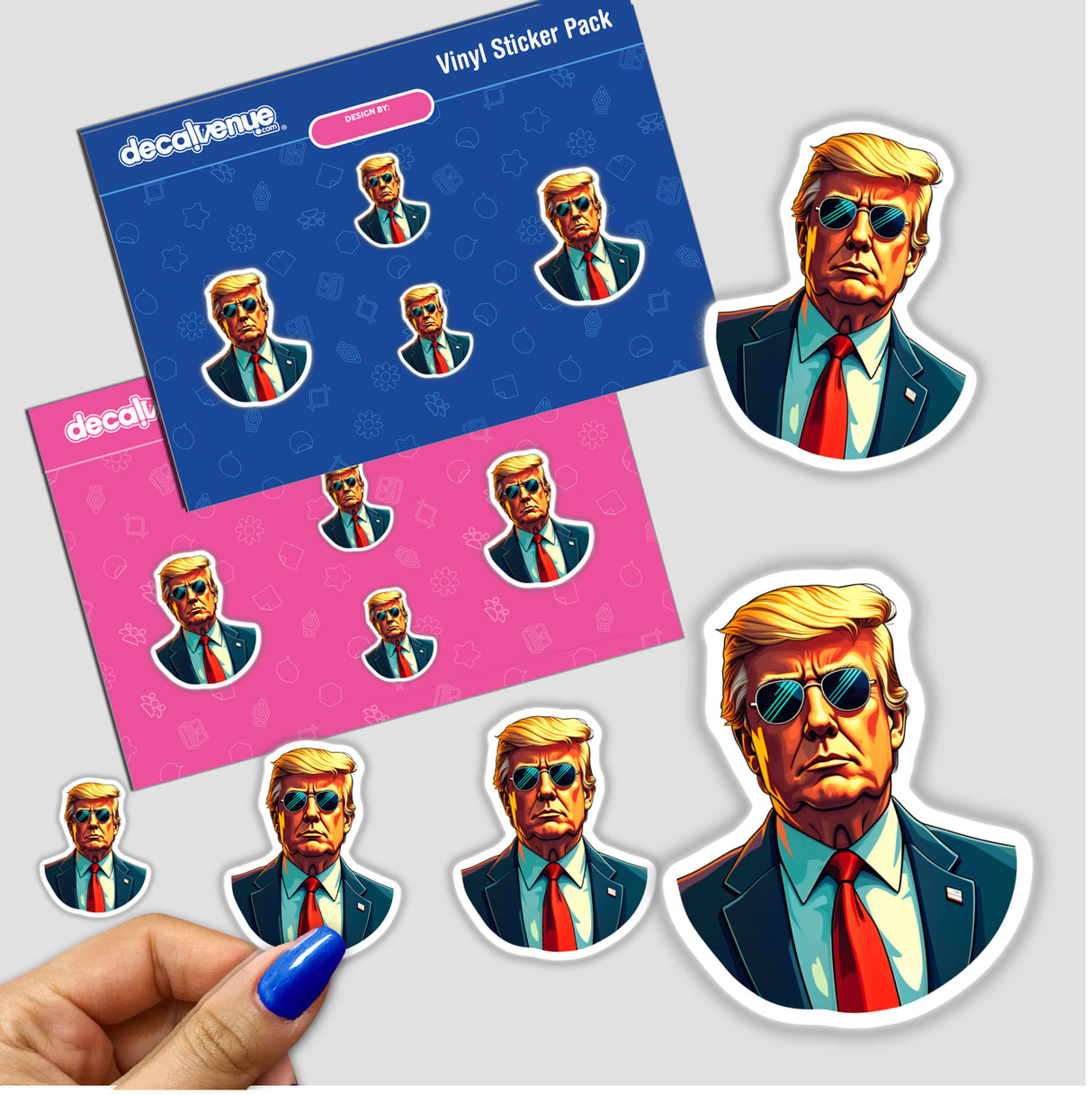 Stickers featuring a cartoon of President Donald Trump in sunglasses and a suit, available at Decal Venue for unique vinyl and digital art enthusiasts.