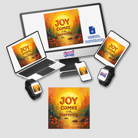 Joy Comes in the Morning Christian Sticker or Clipart displayed on digital devices, showcasing its versatility. Ideal for commercial use, it features inspirational text suitable for laptops and gadgets.