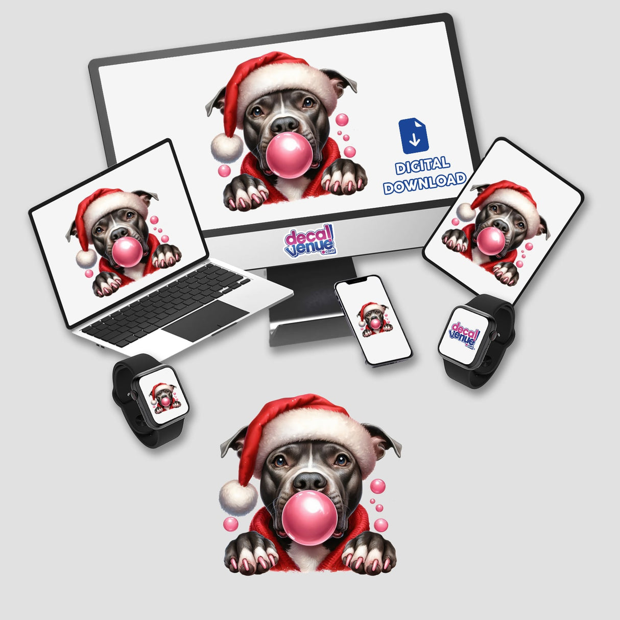 Pitbull Santa Dog Blowing Bubble depicted on a computer monitor and laptop, showcasing a cartoon-style dog wearing a Santa hat and blowing bubble gum. Available as stickers or digital artwork.