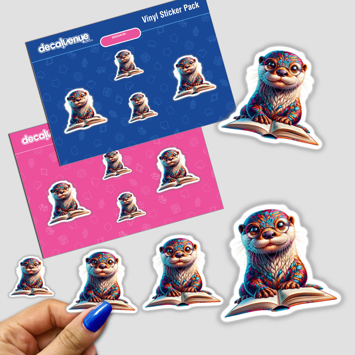 Otter in Reading Glasses Open Book stickers featuring a cartoon otter engrossed in a book, available as vinyl stickers or digital artwork from Decal Venue.