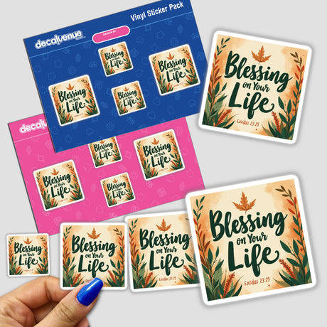 Hand holding the Blessing on Your Life – Exodus 23:25 Christian Sticker, depicting stylized text and designs, available as a sticker or digital artwork with commercial rights.