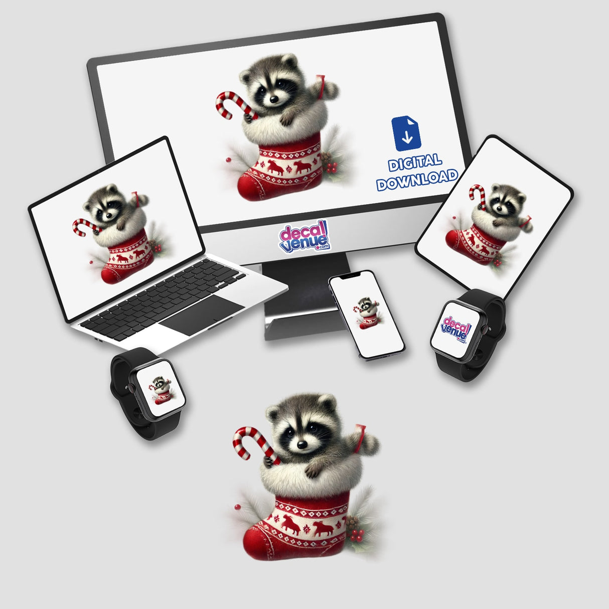 Raccoon Inside Christmas Stocking Holding a Candy Cane displayed on computer monitor, laptop, and phone screens.