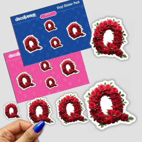 Elegant Floral Letter Q Clipart - Downloadable Sticker with Commercial Rights, featuring a hand holding a detailed sticker adorned with roses, perfect for digital artwork or physical application.