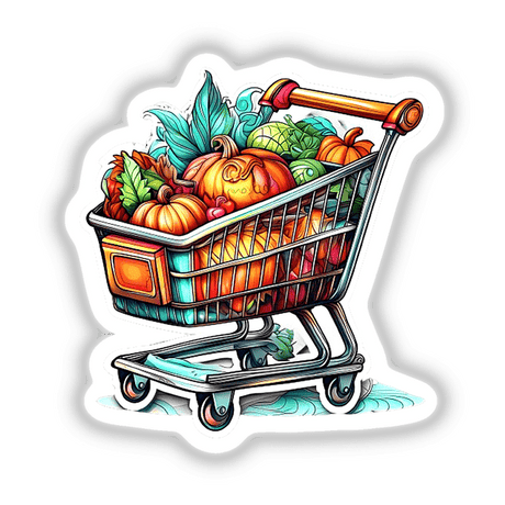 Colorful grocery cart filled with fresh vegetables and pumpkins, a digital artwork depicting a vibrant fall harvest scene.