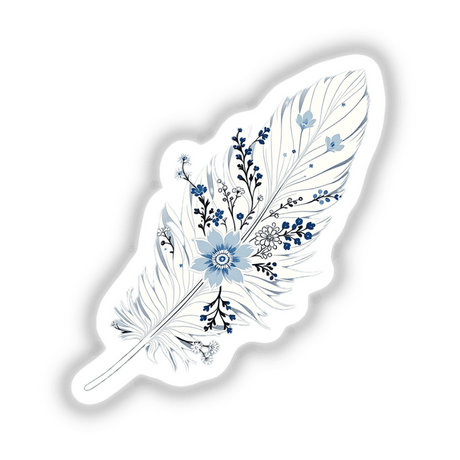 Chinoiserie Feather sticker or digital artwork featuring an intricate illustration of a white and blue feather adorned with delicate flowers, embodying the unique art style of Decal Venue.