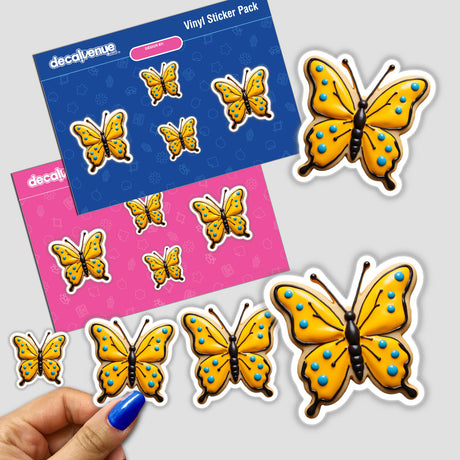 Butterfly Shaped Cookie with Yellow Wings and Blue Dots, displayed among various butterfly-themed stickers.